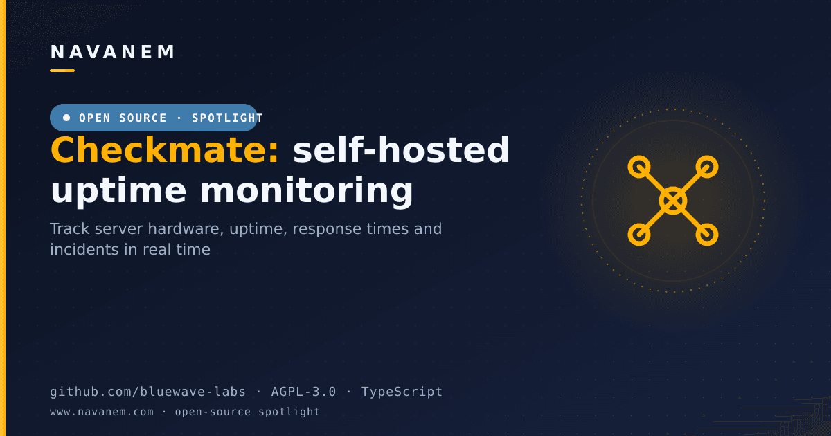 Checkmate open-source self-hosted uptime and infrastructure monitoring spotlight cover with a network motif