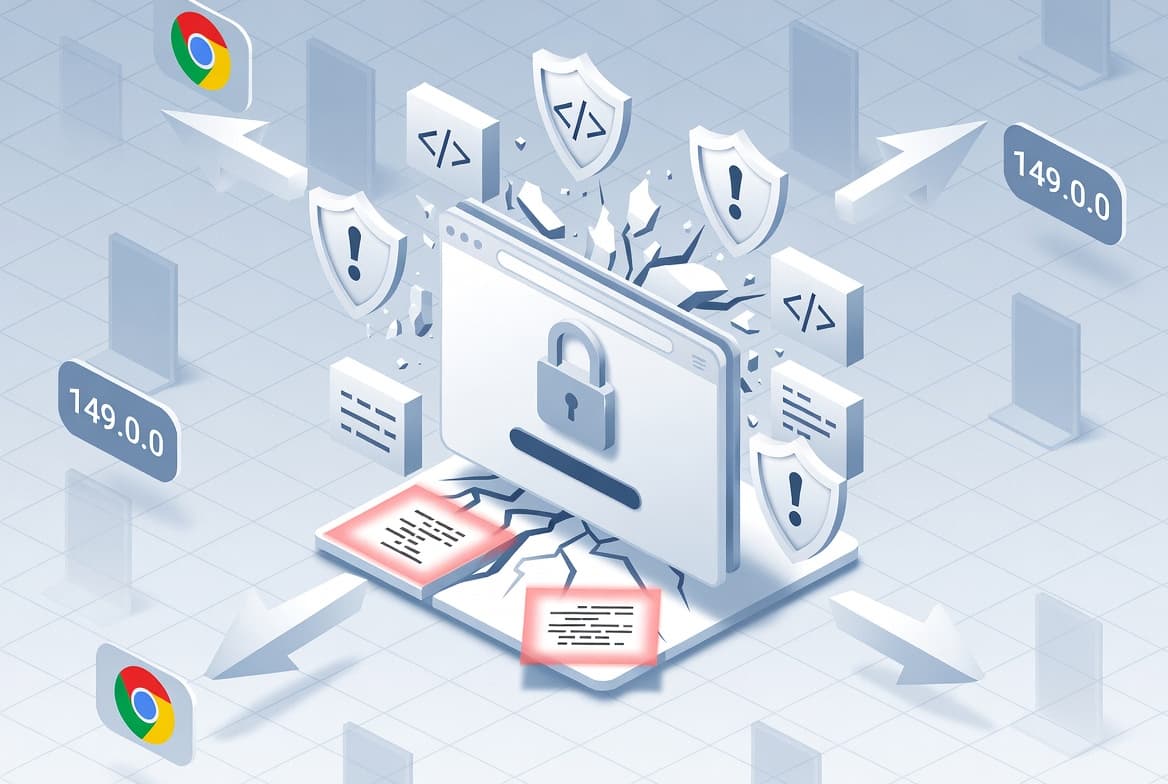 Illustration of Chrome 149 patching 18 security flaws including four critical use-after-free bugs