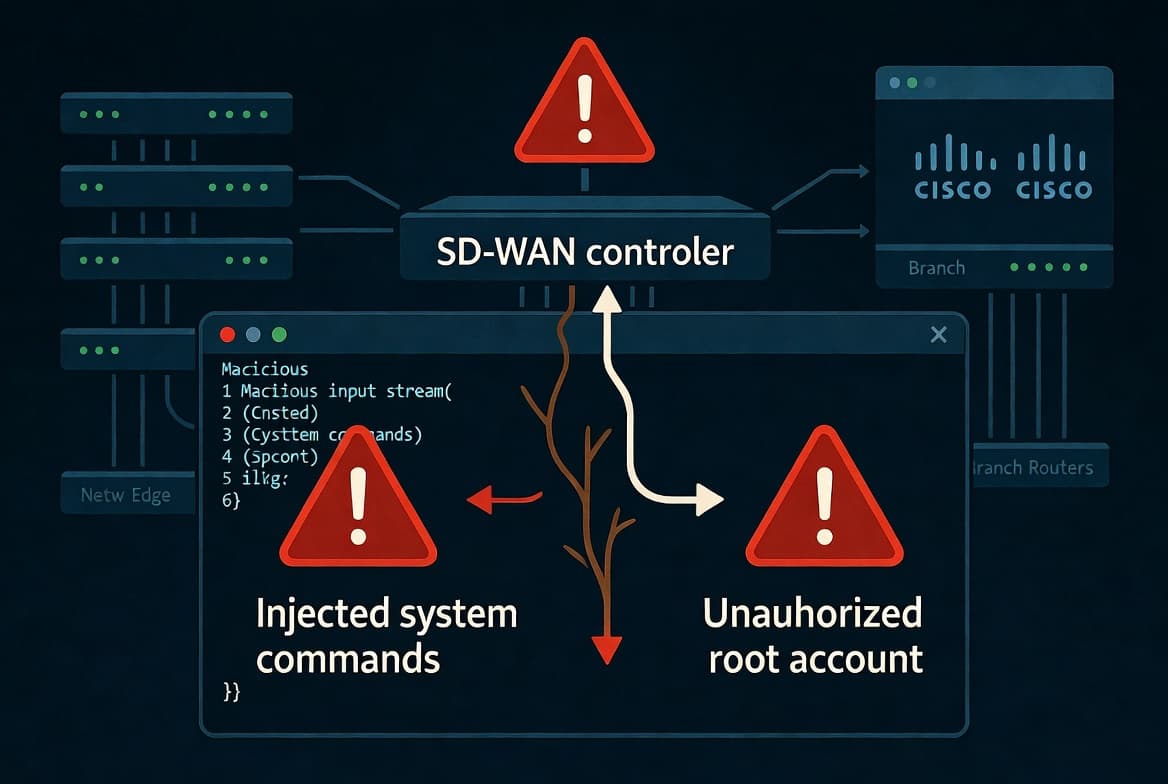 Illustration of a Cisco Catalyst SD-WAN Manager CLI vulnerability enabling command injection and rogue root account creation