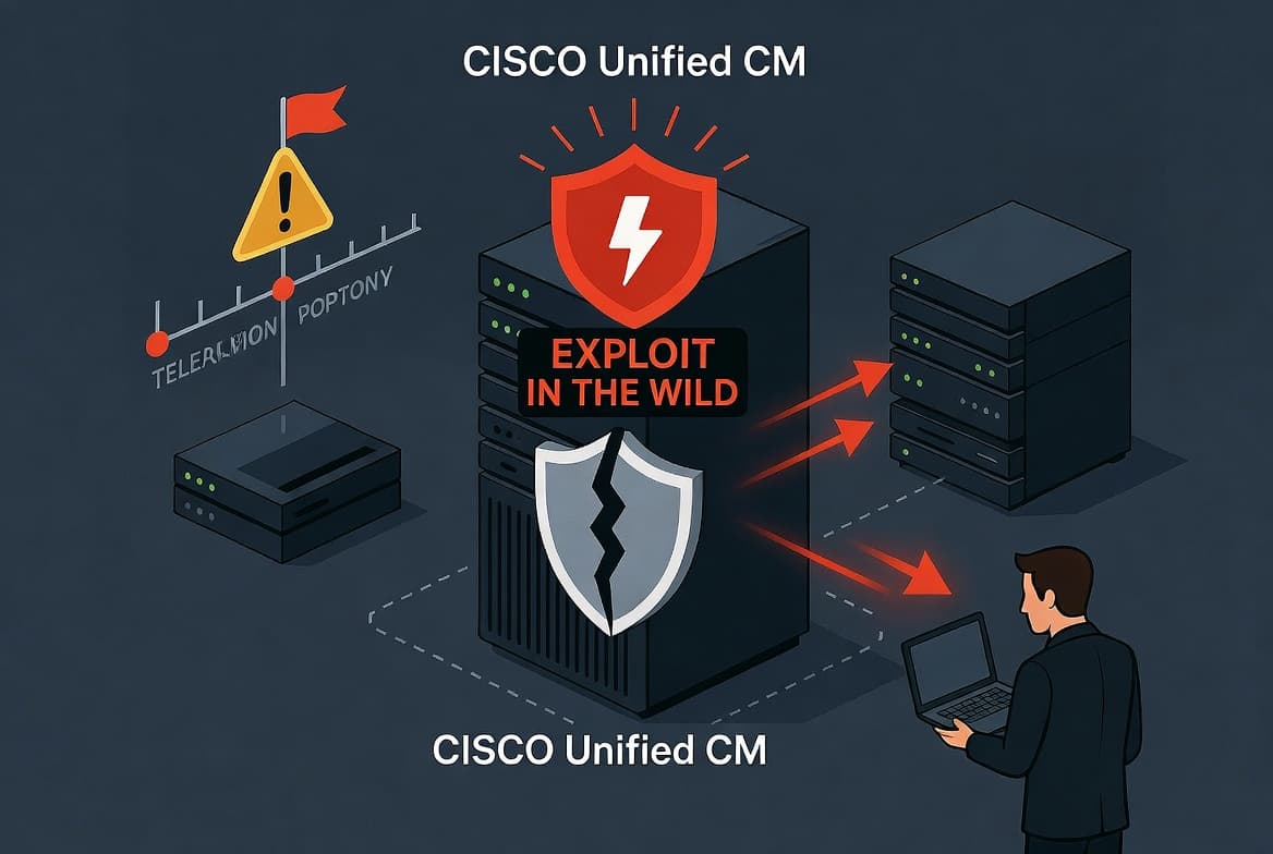 Illustration of a critical SSRF vulnerability in Cisco Unified CM under active exploitation with urgent patching required.