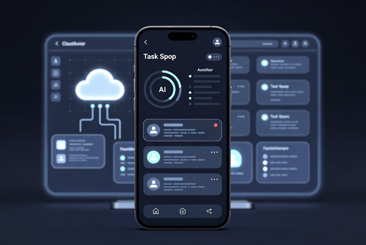 Illustration of a mobile AI task dashboard showing Claude Cowork-style long-running tasks being started and monitored from a phone.