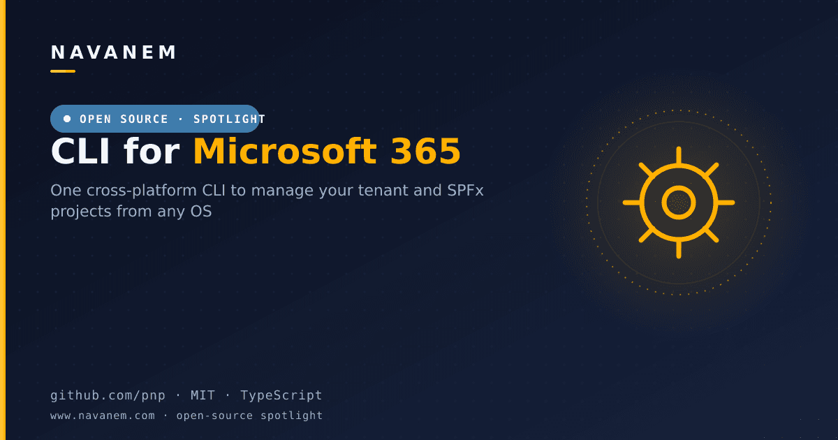 CLI for Microsoft 365 open-source spotlight cover with a gear motif