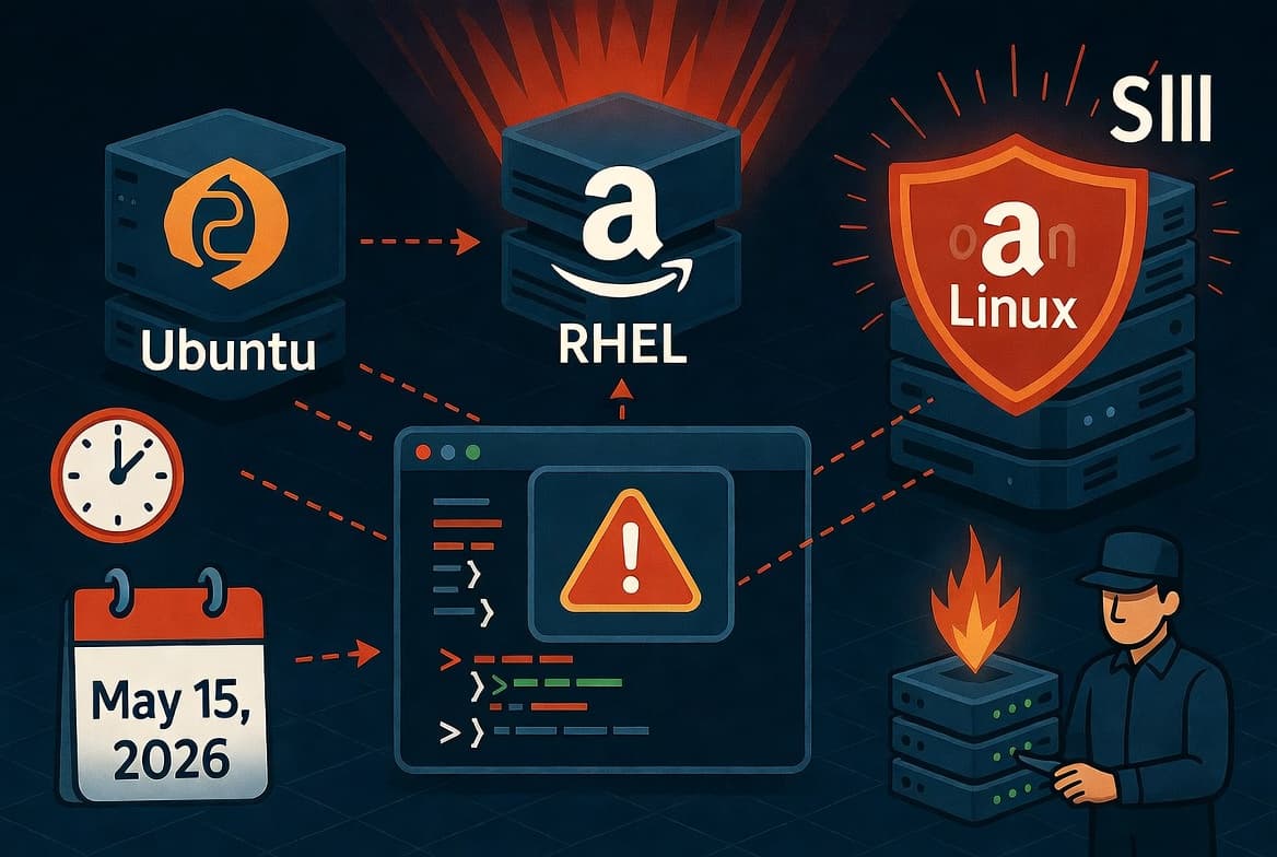 Illustration of a Python exploit for CVE-2026-31431 escalating privileges on Linux servers with a patching warning.