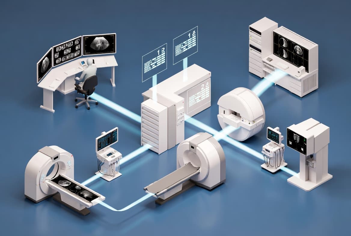 Illustration of DICOM connecting medical imaging devices, PACS, and radiology workstations in a hospital workflow