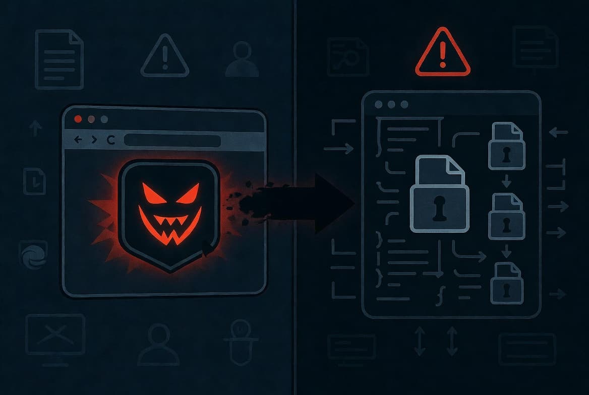 Illustration of a malicious Edge extension escaping the browser sandbox via Native Messaging to drop a Python backdoor and ransomware-linked payload