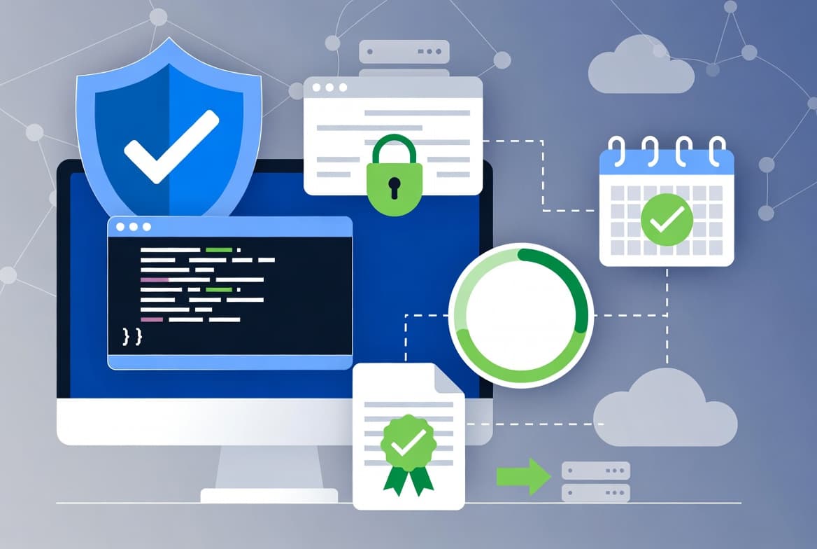 Illustration of an Exchange administrator renewing the Microsoft Exchange Server Auth Certificate with PowerShell and verifying it in a hybrid environment.