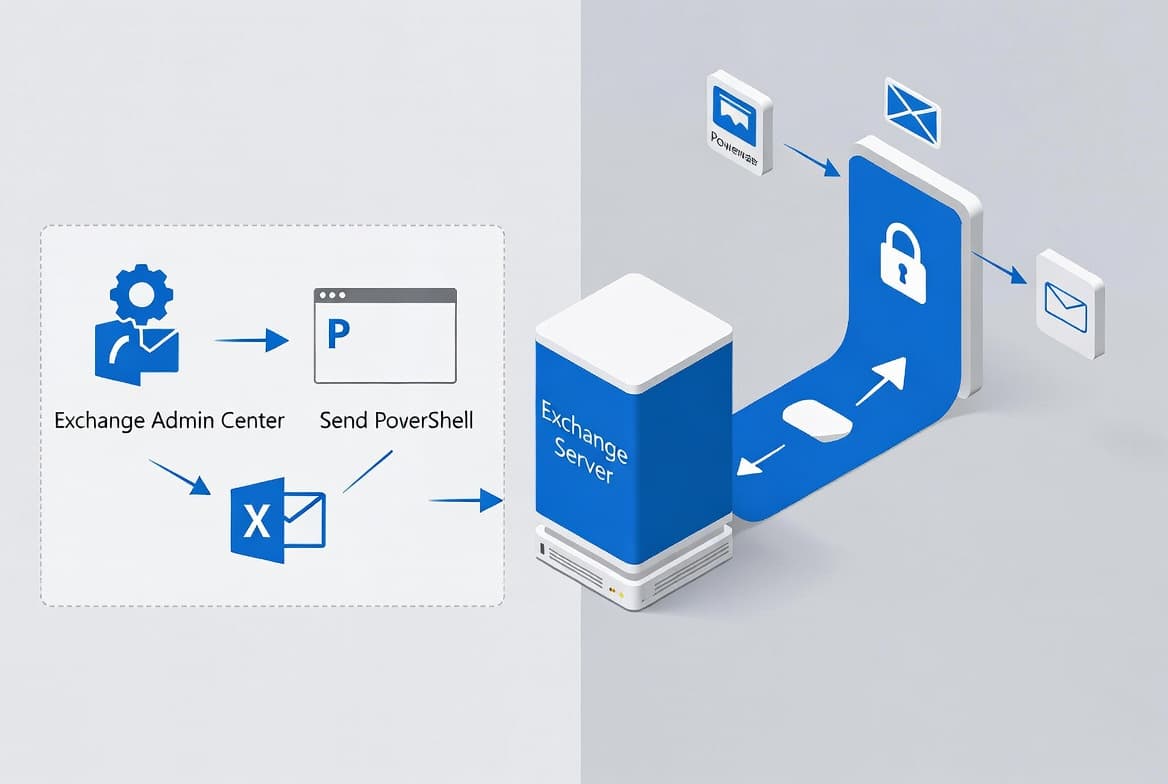 Illustration of Exchange Server outbound mail flow being configured with a send connector through EAC and PowerShell