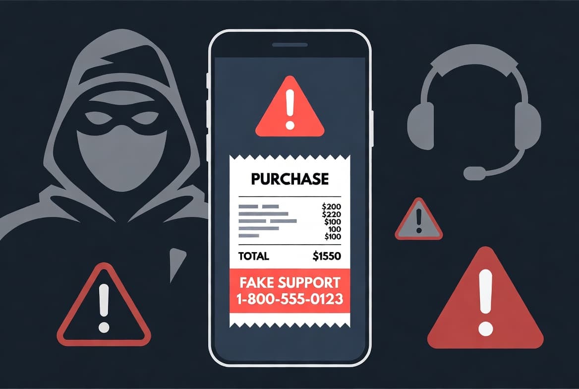 Illustration of a fake purchase receipt scam used to lure users into calling a fraudulent support line