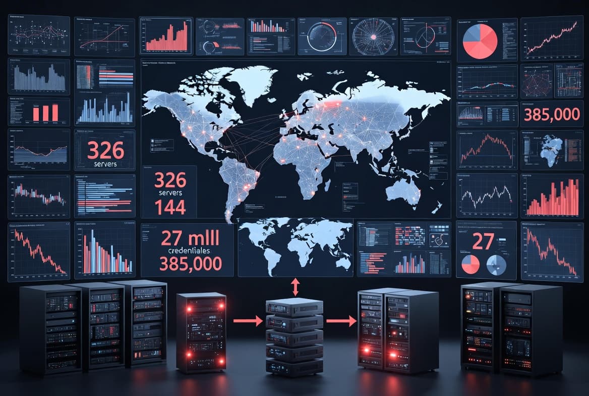 Illustration of a global law-enforcement cyber operation seizing servers and domains and recovering millions of stolen credentials