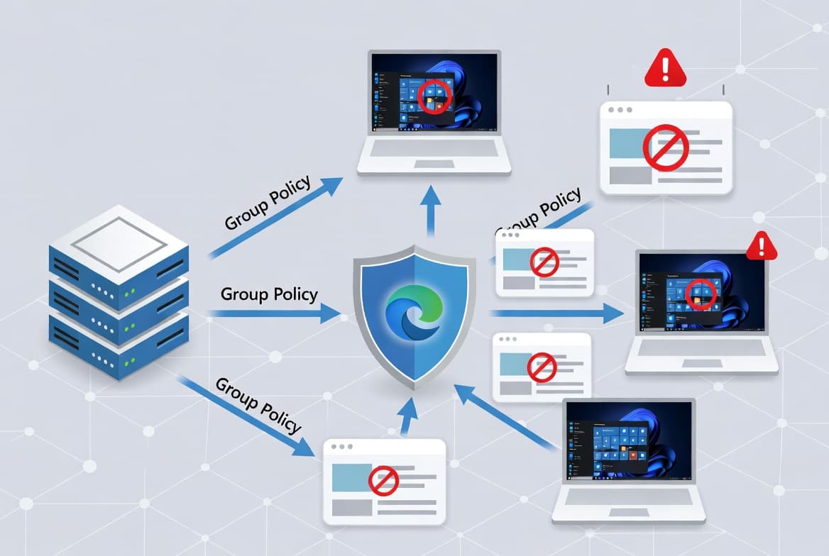 Illustration of a Group Policy Object blocking specific websites in Microsoft Edge across a Windows domain