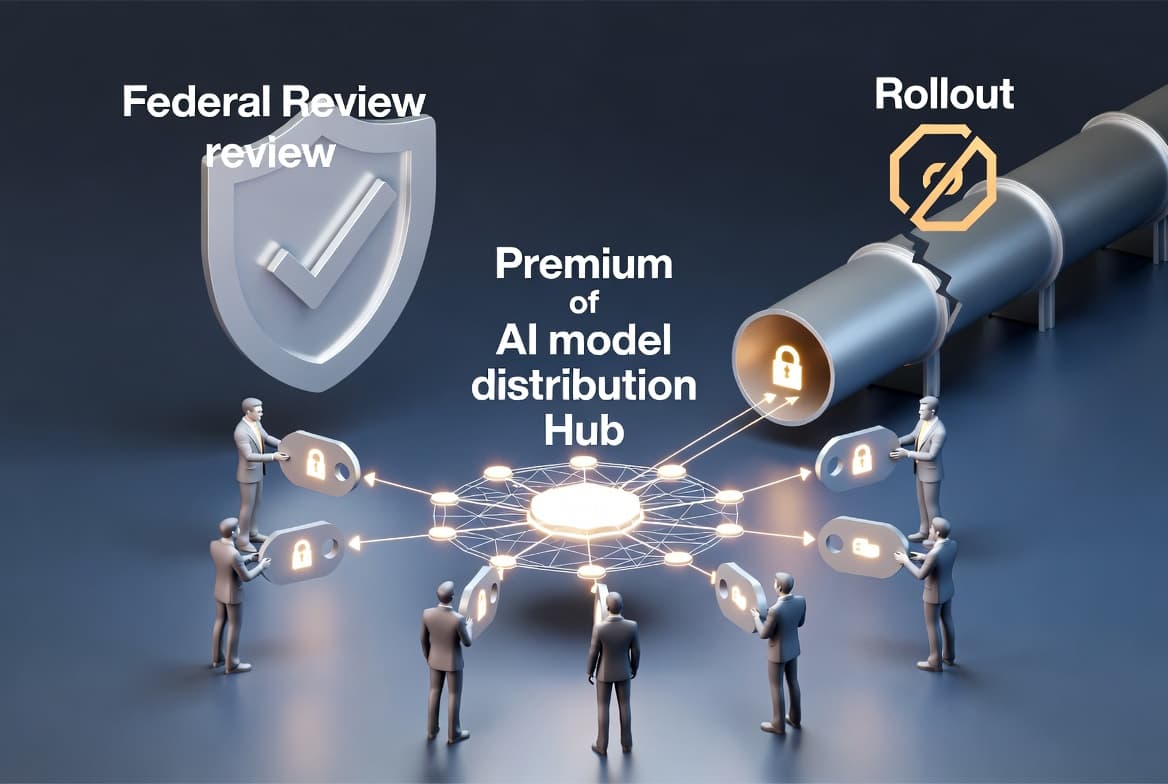Illustration of a restricted AI model rollout limited to a small group of approved partners during a federal cybersecurity review.