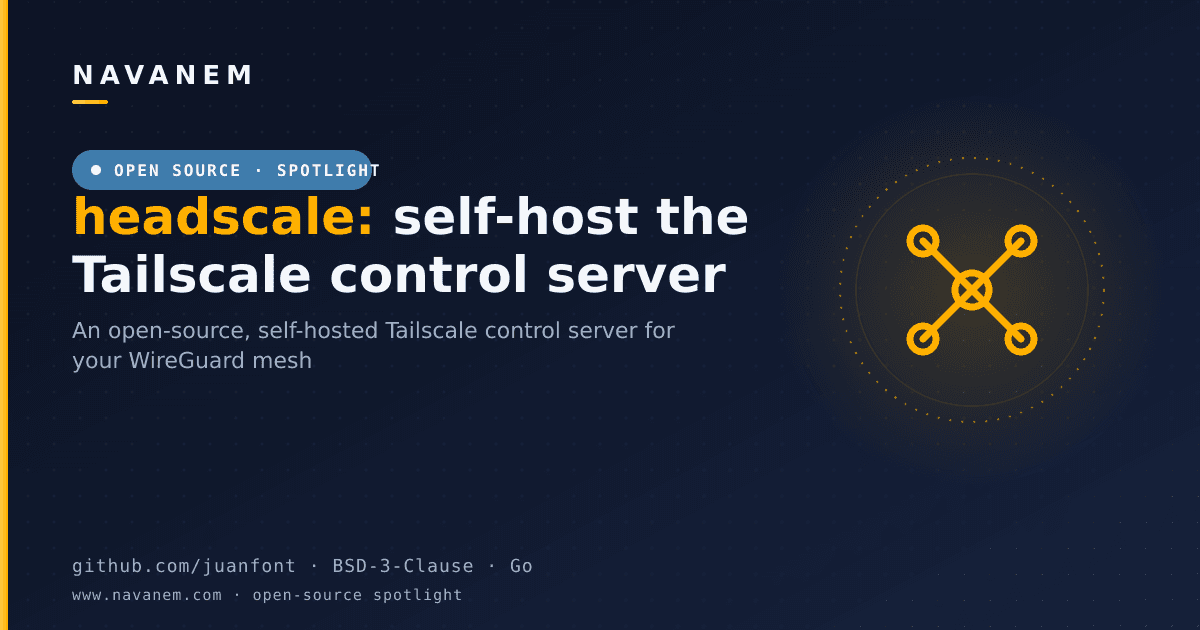 headscale open-source spotlight: a self-hosted implementation of the Tailscale control server, written in Go under BSD-3-Clause.