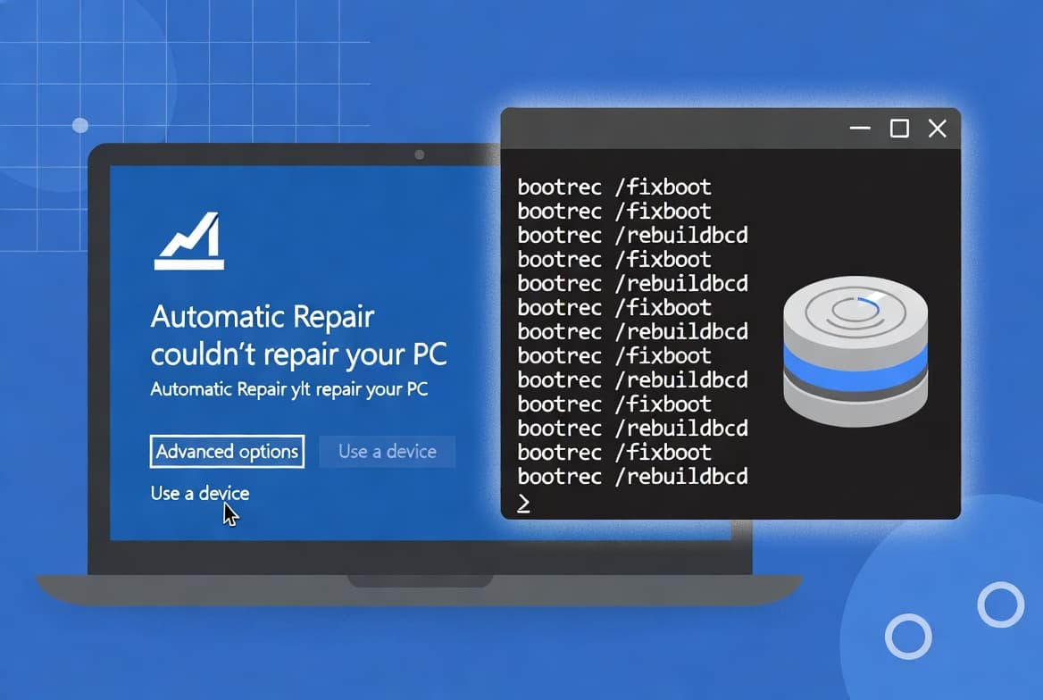 Illustration of repairing or rebuilding the Master Boot Record on Windows 10 and 11 using bootrec commands from the recovery environment