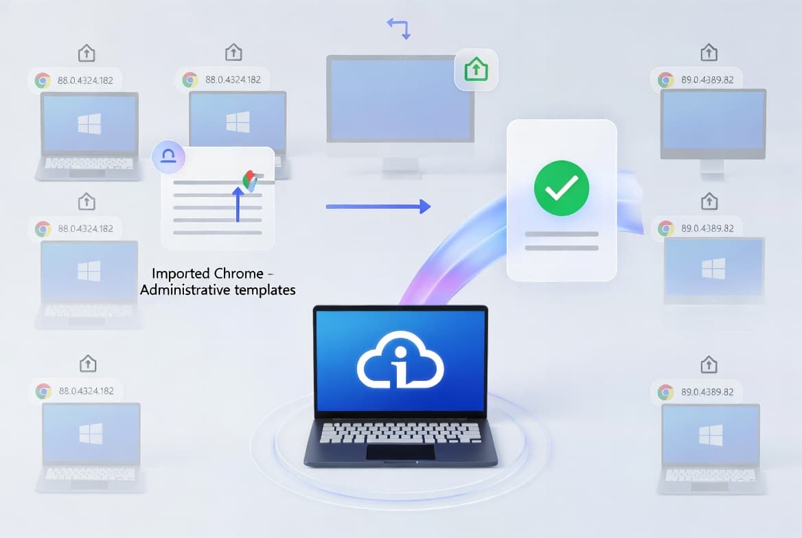 Illustration of Chrome ADMX templates imported into Intune to keep Google Chrome updated across managed Windows devices