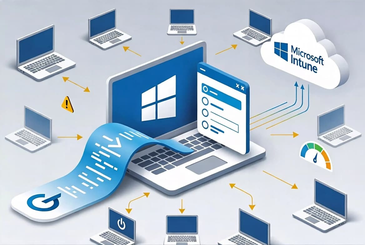 Illustration of Microsoft Intune controlling Windows Fast Startup through PowerShell scripts and registry edits across managed devices