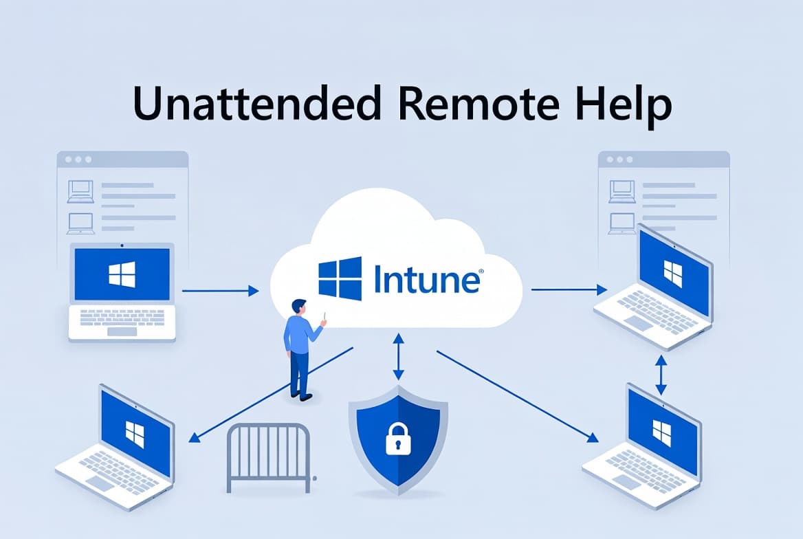 Illustration of Microsoft Intune Unattended Remote Help securely connecting an admin to Windows devices without user involvement