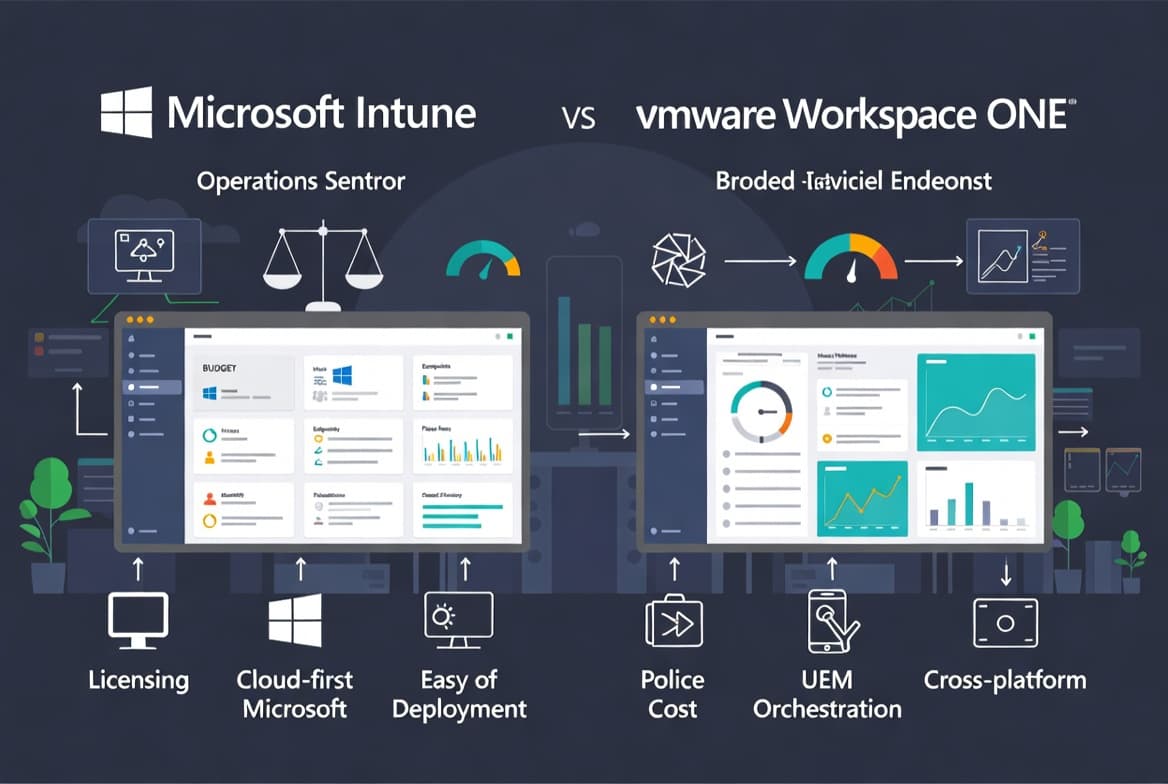 Illustration comparing Microsoft Intune and VMware Workspace ONE in a UEM decision scene.