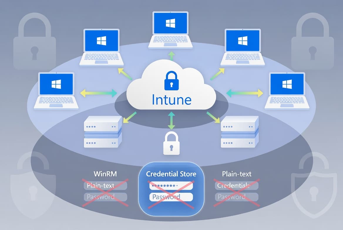 Illustration of Microsoft Intune pushing a Settings Catalog policy that prevents WinRM from storing RunAs credentials on Windows devices