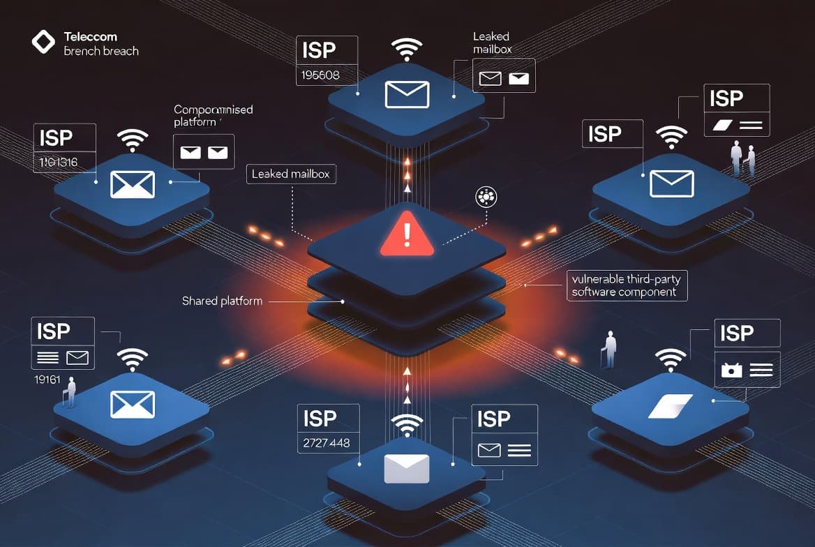 Illustration of a shared email platform breach exposing 14.22 million logins across six Japanese ISPs.