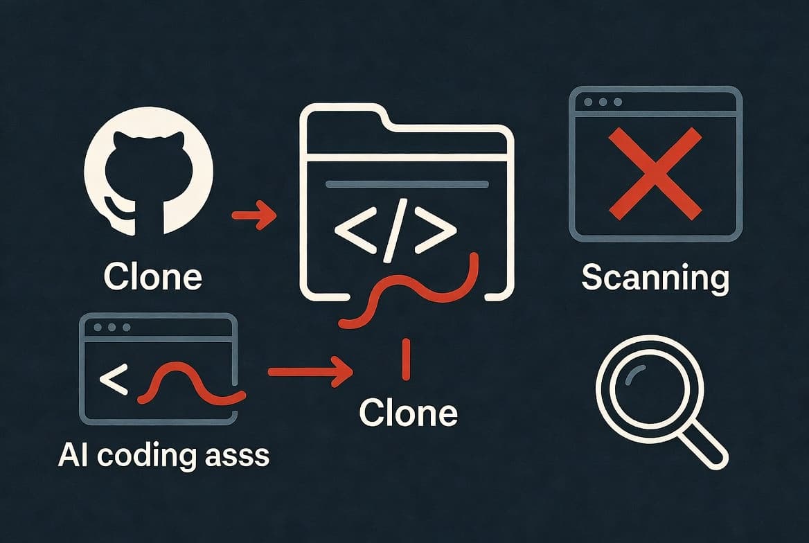 Illustration of malware hidden in a legitimate GitHub repository being triggered by an AI coding agent after cloning.