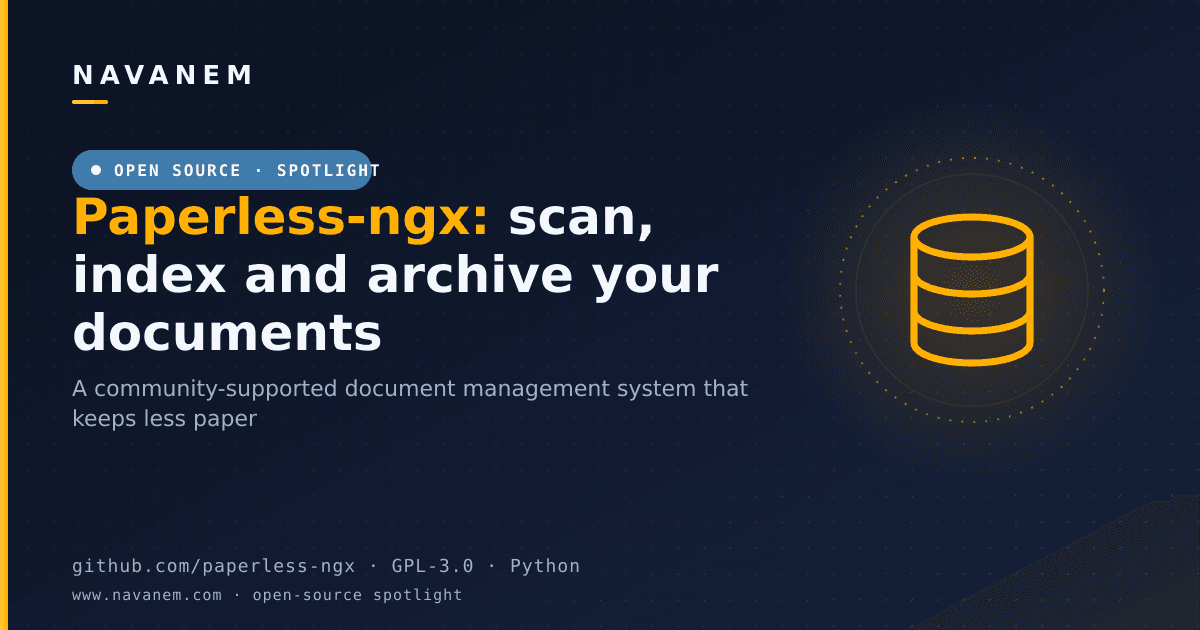 Paperless-ngx open-source document management spotlight cover with a database motif