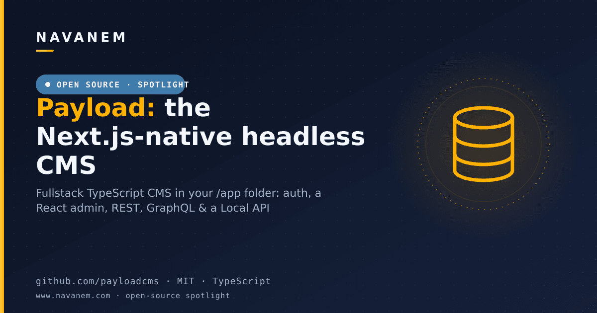 Payload open-source TypeScript headless CMS spotlight cover with a database motif