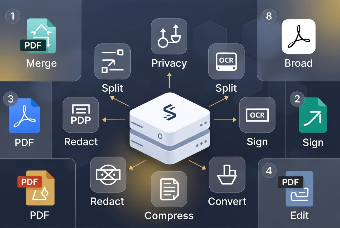 Illustration of open-source PDF editors led by Stirling PDF as a self-hosted alternative to Adobe Acrobat.