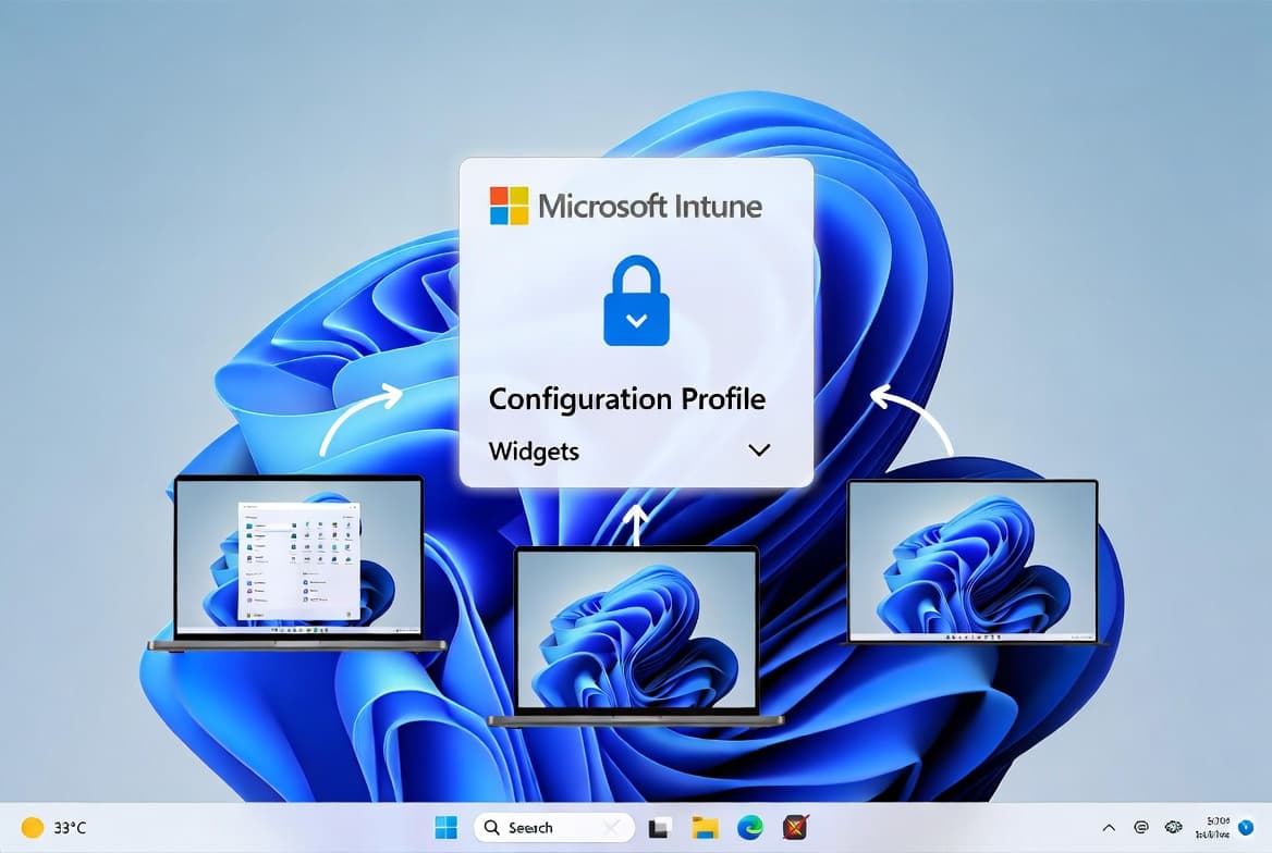 Intune admin themed image showing Windows 11 devices with the taskbar weather widget turned off centrally