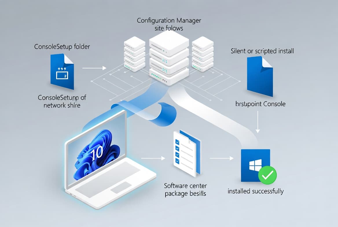 Illustration of installing the SCCM console on a Windows 10 device using three different methods for sysadmins.
