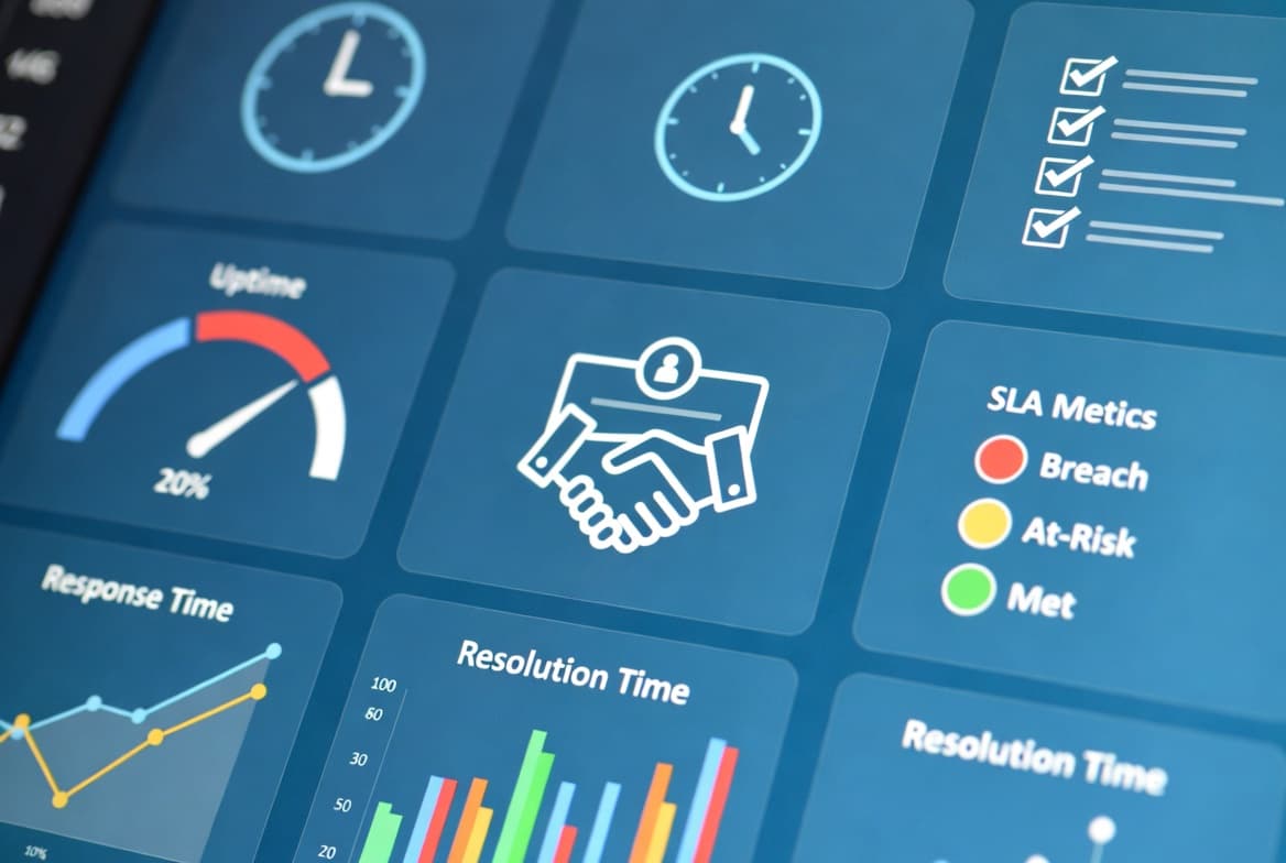 Service management themed image showing a provider–customer agreement with traffic-light indicators for SLA compliance