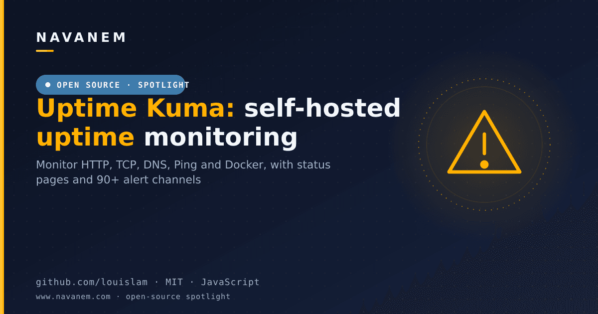 Uptime Kuma open-source spotlight cover with an alert motif, MIT and JavaScript labels