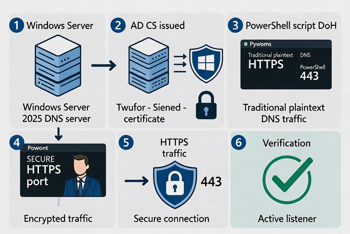 Illustration of enabling DNS over HTTPS on Windows Server 2025 with PowerShell, an AD CS certificate, and encrypted DNS traffic over port 443.