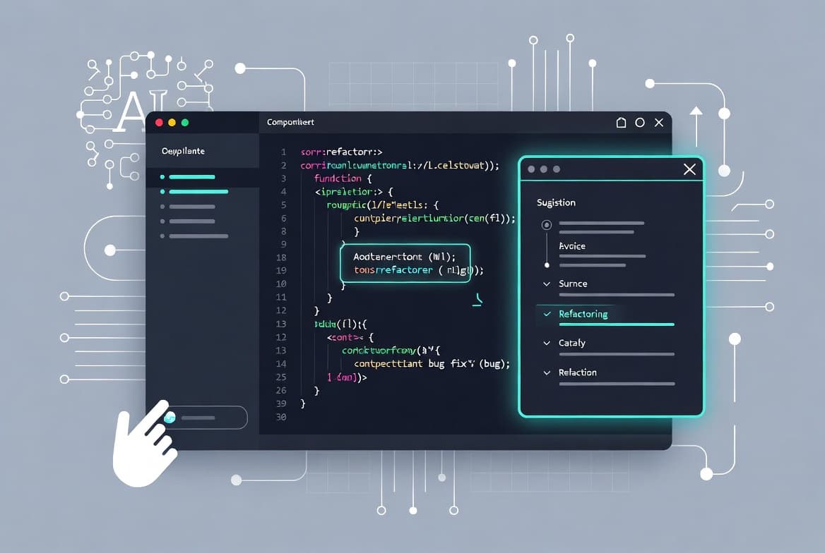 Illustration of an AI coding assistant helping a developer write, refactor, and debug code inside an editor.