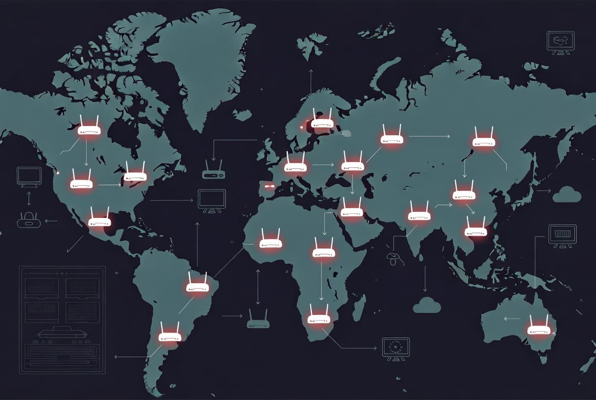 Illustration of the AryStinger botnet showing thousands of compromised legacy routers distributed around the globe, all linked into a covert network that attackers use for reconnaissance and as proxy nodes to relay malicious traffic