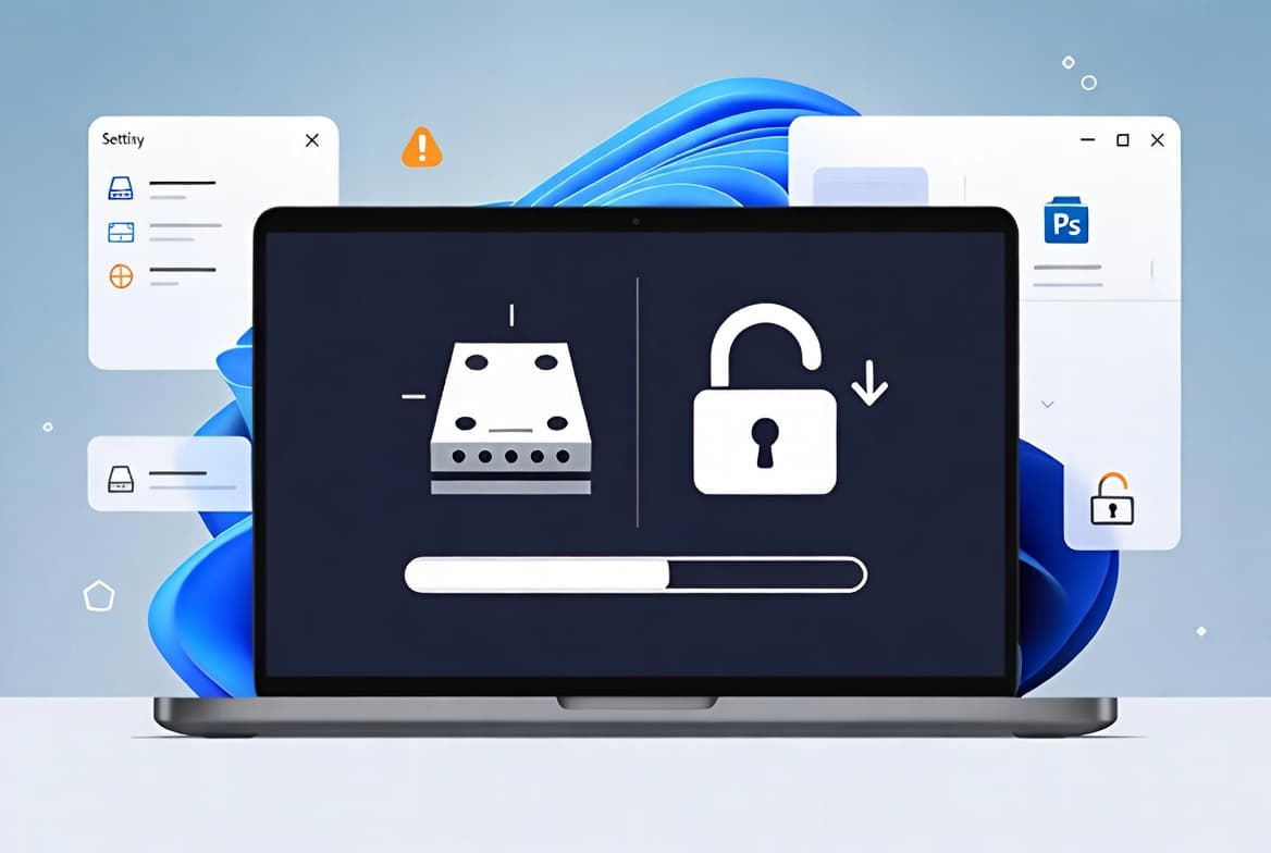 Windows 11 tutorial themed image showing BitLocker being removed from an encrypted drive