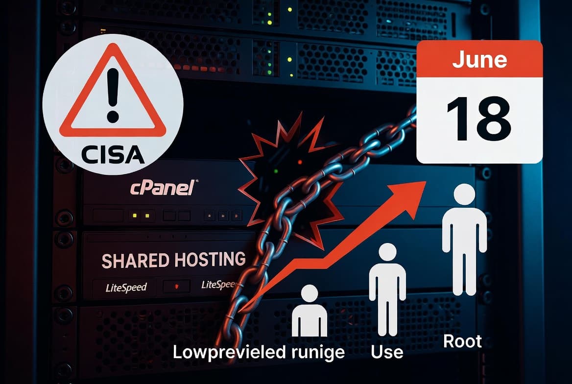Illustration of CISA ordering urgent patching of the LiteSpeed cPanel CVE-2026-54420 symlink vulnerability