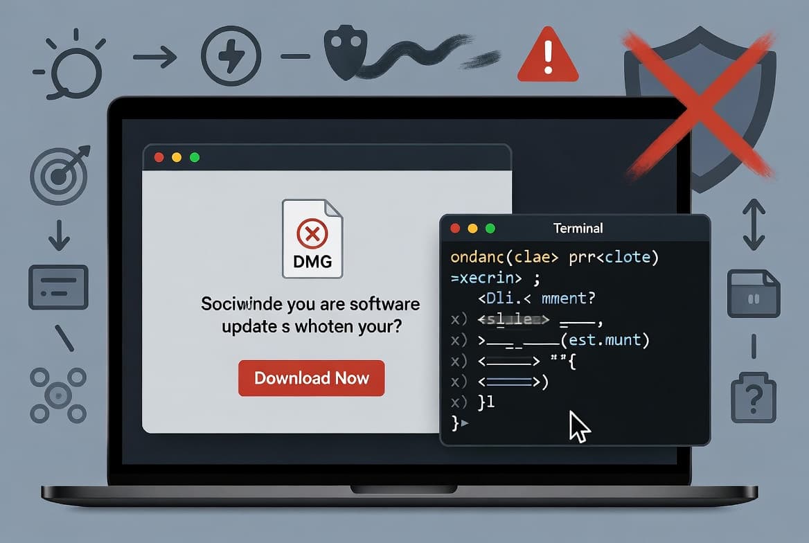 Illustration of a macOS ClickFix attack where a user pastes Terminal commands that download malware from a malicious DMG file and bypass Gatekeeper
