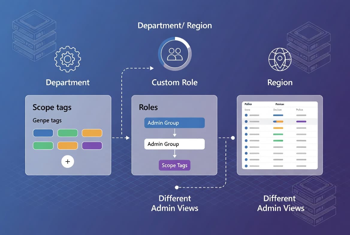 Diagram of the Microsoft Intune admin center showing an admin creating scope tags, linking them to RBAC role assignments for specific admin groups, and using those scope tags to restrict which devices, apps and policies are visible to admins based on department or region
