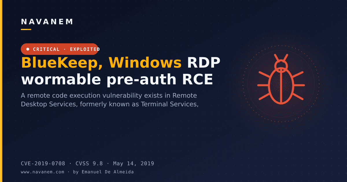 CVE-2019-0708: BlueKeep, Windows RDP wormable pre-auth RCE — navanem CVE advisory cover