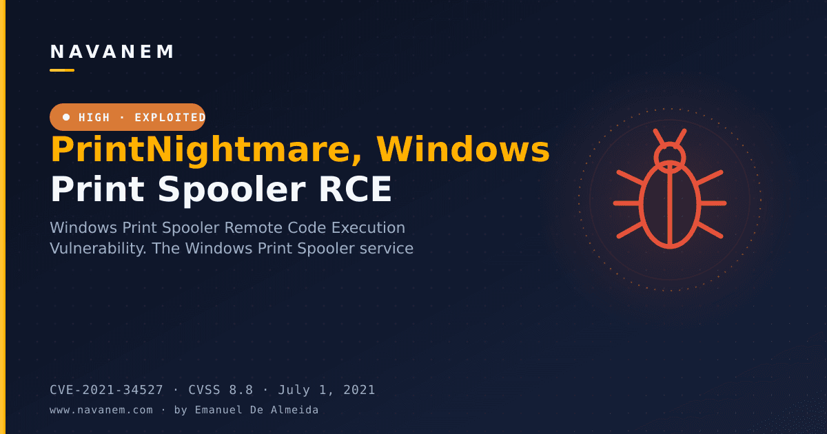 CVE-2021-34527: PrintNightmare, Windows Print Spooler RCE — navanem CVE advisory cover