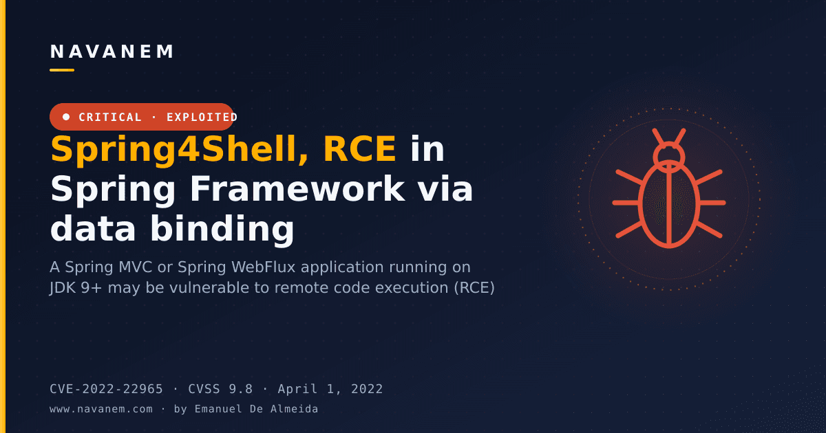 CVE-2022-22965: Spring4Shell, RCE in Spring Framework via data binding — navanem CVE advisory cover