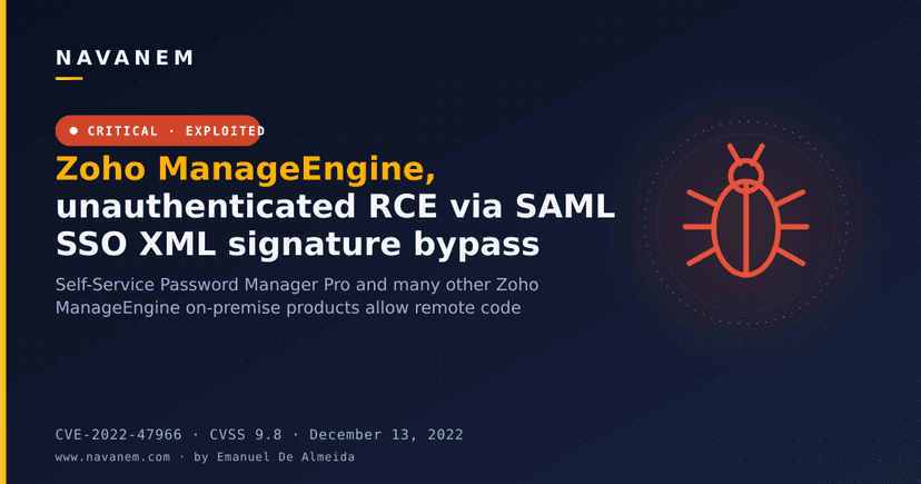 Zoho ManageEngine, unauthenticated RCE via SAML SSO XML signature bypass