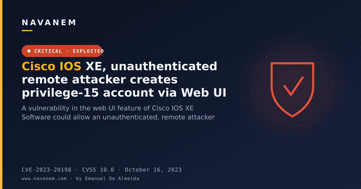 CVE-2023-20198: Cisco IOS XE, unauthenticated remote attacker creates privilege-15 account via Web UI — navanem CVE advisory cover