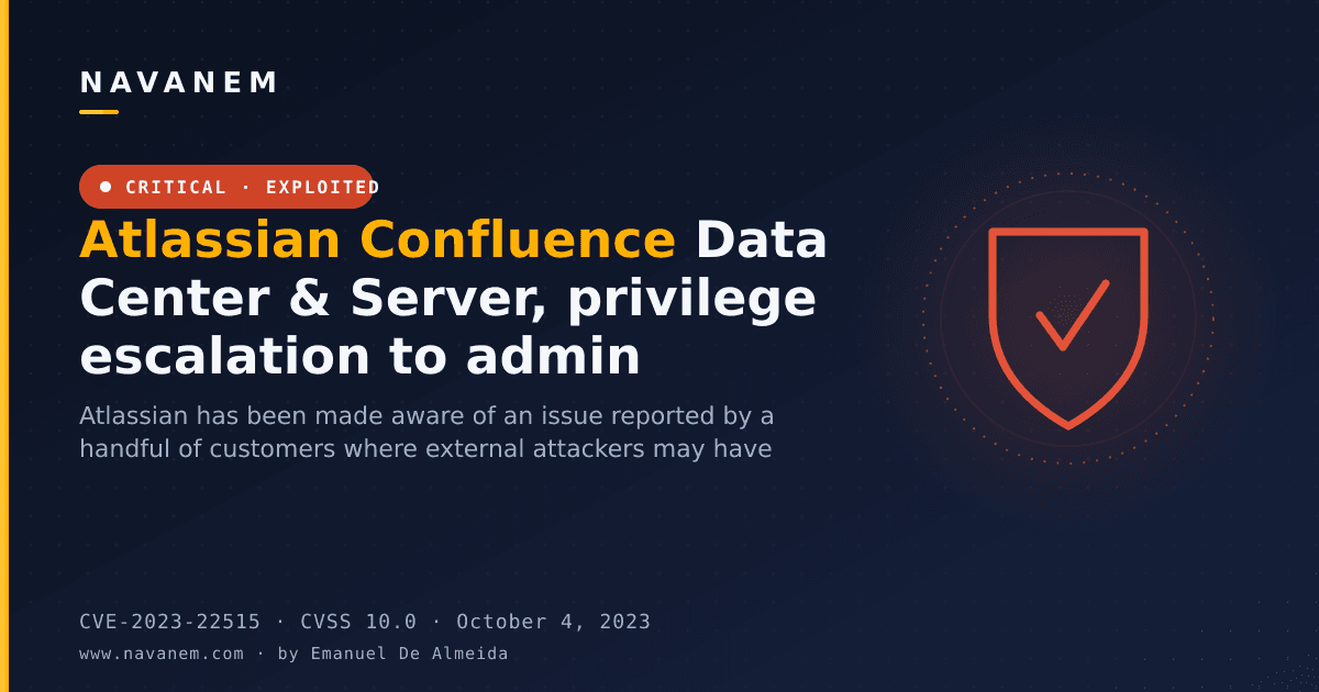 CVE-2023-22515: Atlassian Confluence Data Center & Server, privilege escalation to admin — navanem CVE advisory cover