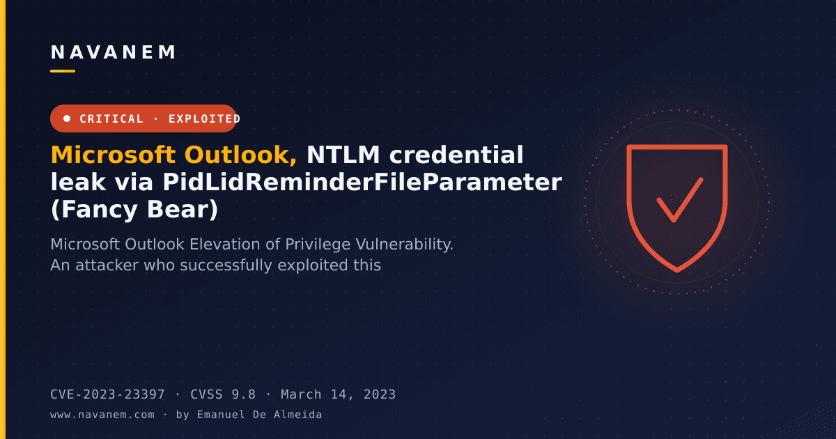 CVE-2023-23397: Microsoft Outlook, NTLM credential leak via PidLidReminderFileParameter (Fancy Bear) — navanem CVE advisory cover