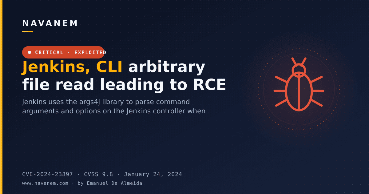 CVE-2024-23897: Jenkins, CLI arbitrary file read leading to RCE — navanem CVE advisory cover