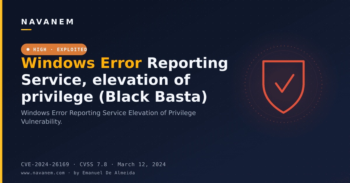 CVE-2024-26169: Windows Error Reporting Service, elevation of privilege (Black Basta) — navanem CVE advisory cover