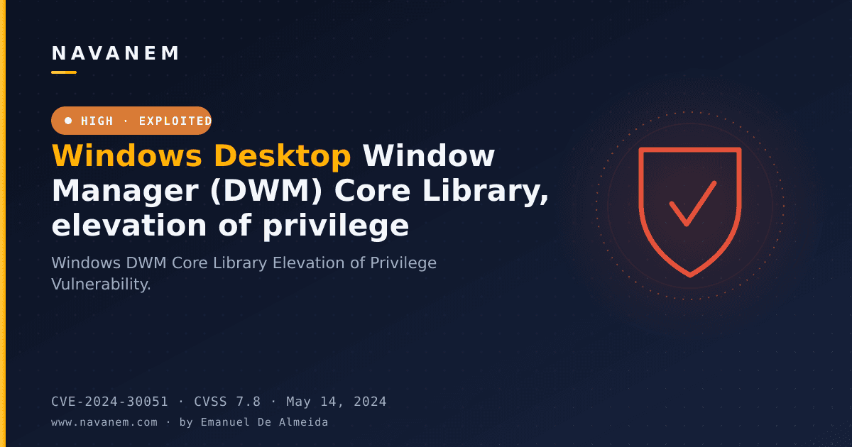 CVE-2024-30051: Windows Desktop Window Manager (DWM) Core Library, elevation of privilege — navanem CVE advisory cover