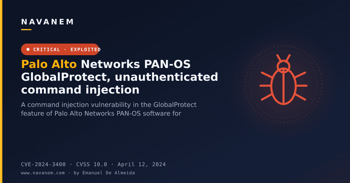 CVE-2024-3400: Palo Alto Networks PAN-OS GlobalProtect, unauthenticated command injection — navanem CVE advisory cover