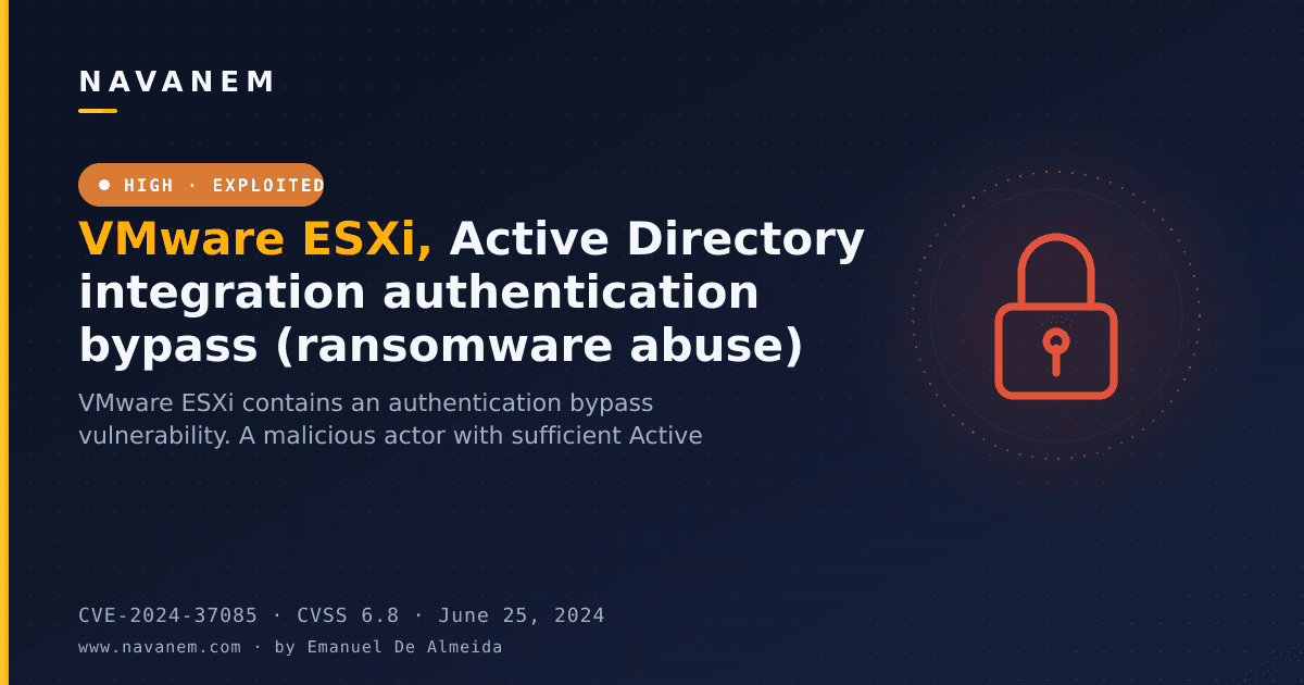 CVE-2024-37085: VMware ESXi, Active Directory integration authentication bypass (ransomware abuse) — navanem CVE advisory cover